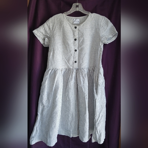 Offon Women's Linen Dress Gray White Stripe Nursing Friendly Buttons Pockets - Picture 1 of 13